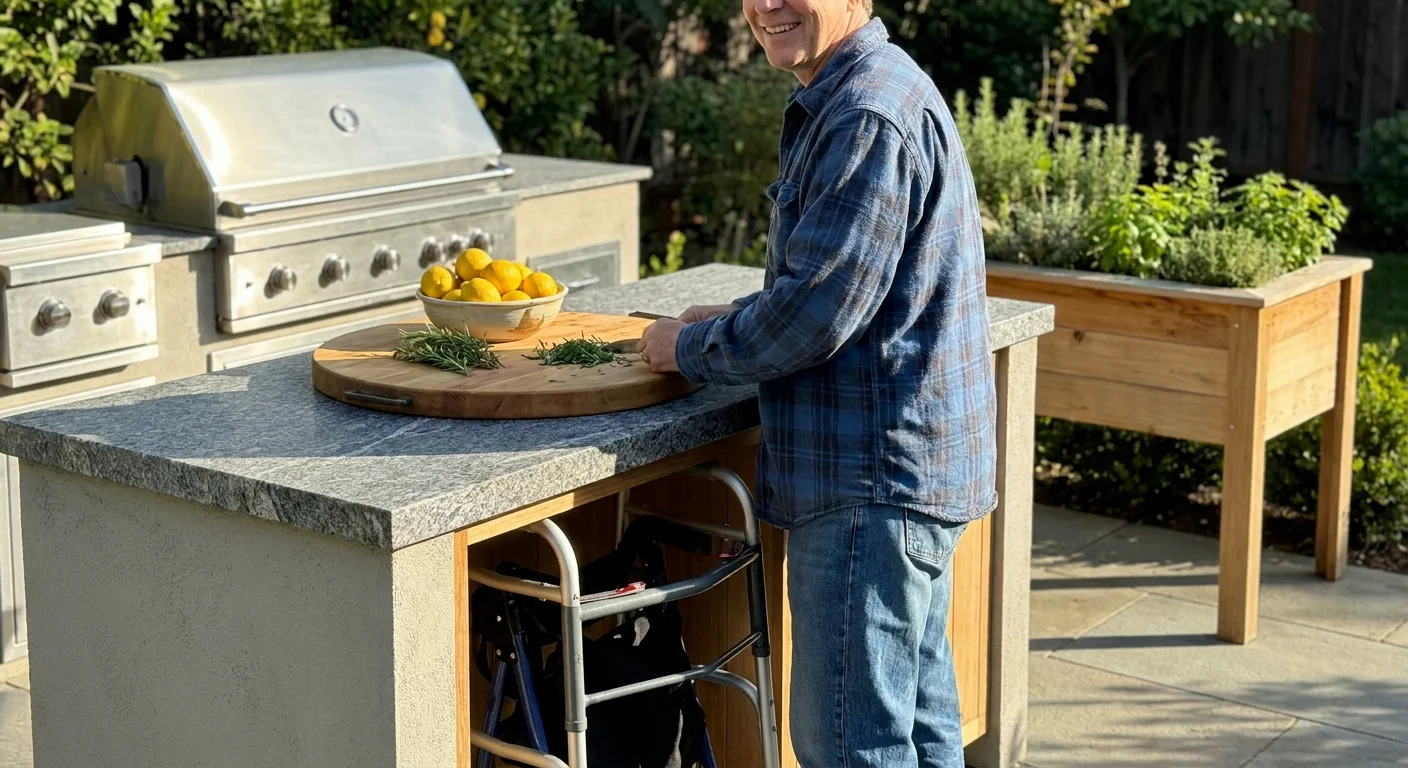 An accessible outdoor kitchen counter with a person prepping herbs, featuring clear floor space underneath.