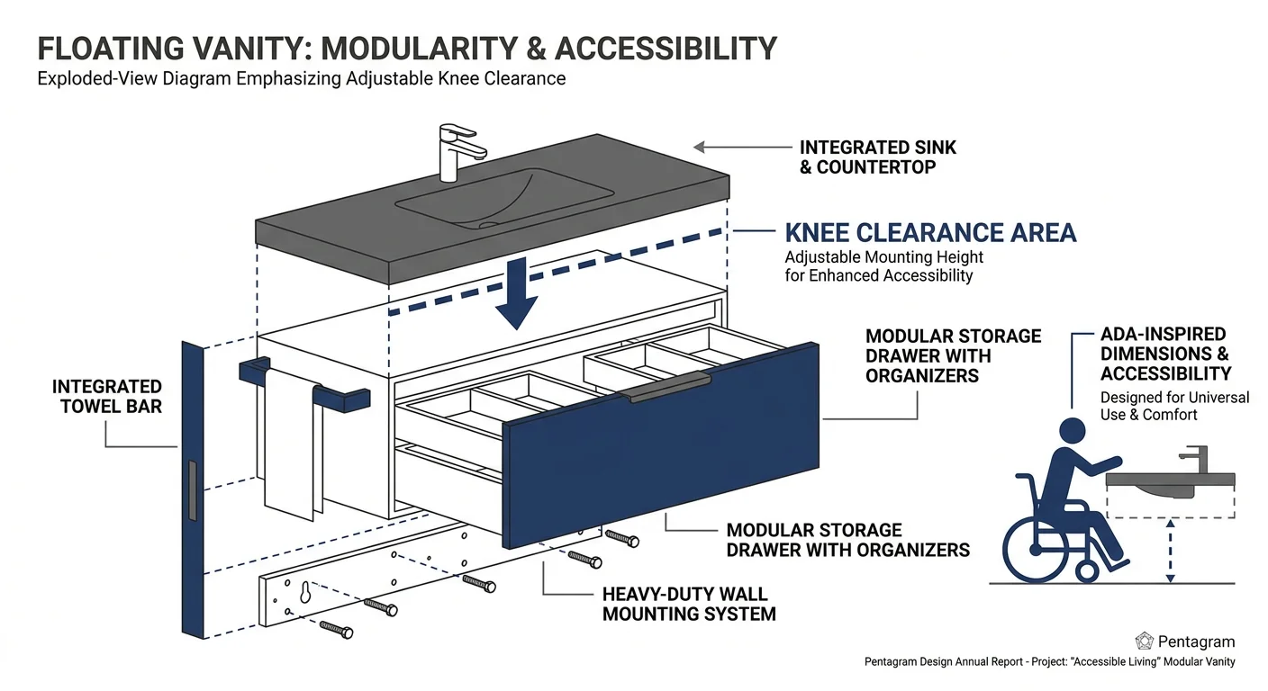 An architectural diagram of a floating vanity highlighting the open space underneath for wheelchair or walker access.