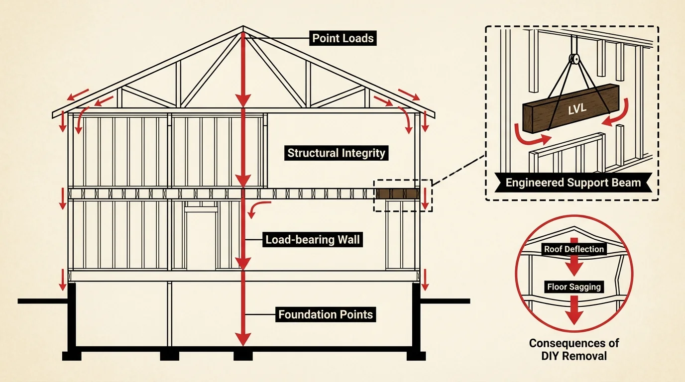 An architectural diagram showing load paths in a house and the structural danger of removing walls without engineered support beams.