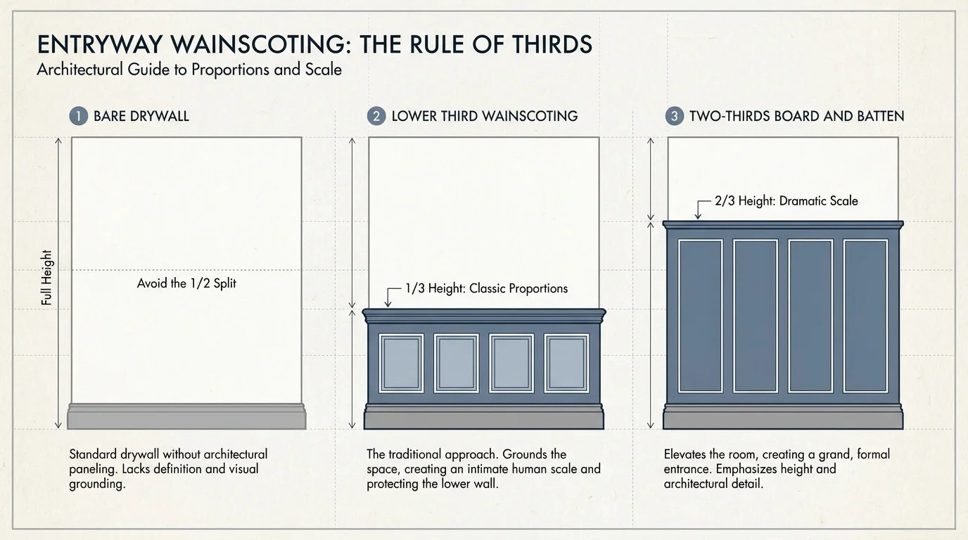 An architectural diagram showing the ideal height ratios for wainscoting and wall molding in a home entryway.