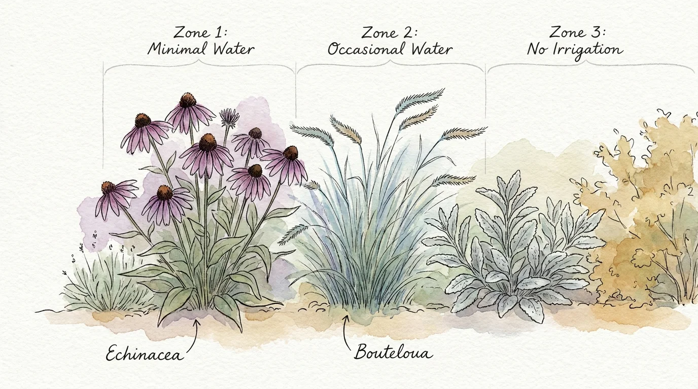 An artistic watercolor illustration of various native, drought-tolerant plants and grasses in a garden bed.