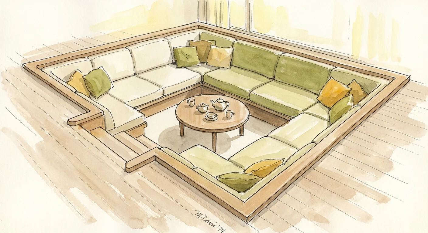 An artistic watercolor painting of a cozy sunken seating area filled with green and gold cushions.