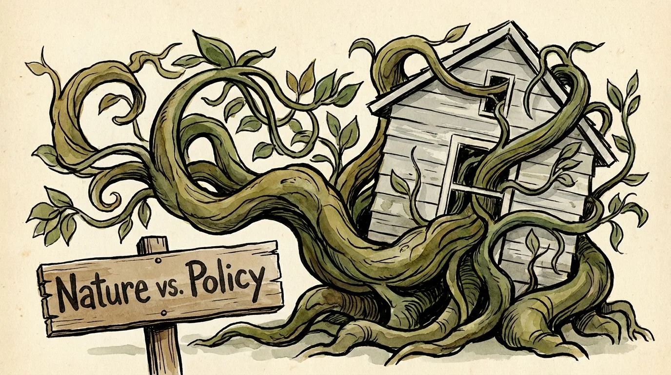 An editorial illustration of thick green vines and roots wrapping around and squeezing a small grey house.