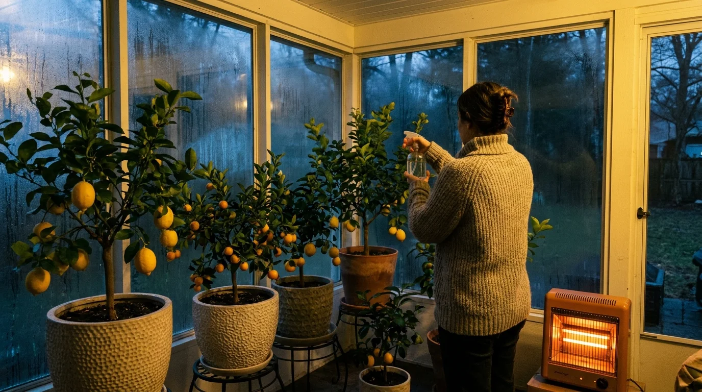 An enclosed porch filled with citrus trees and a small heater, glowing warmly against the dark evening outside.