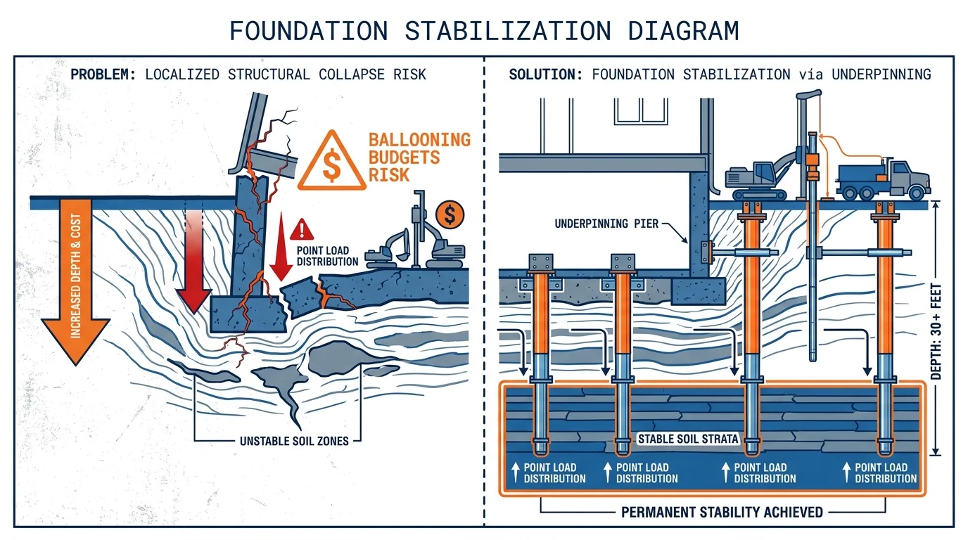 An engineering-style diagram showing foundation cracks and the underpinning piers used for stabilization.