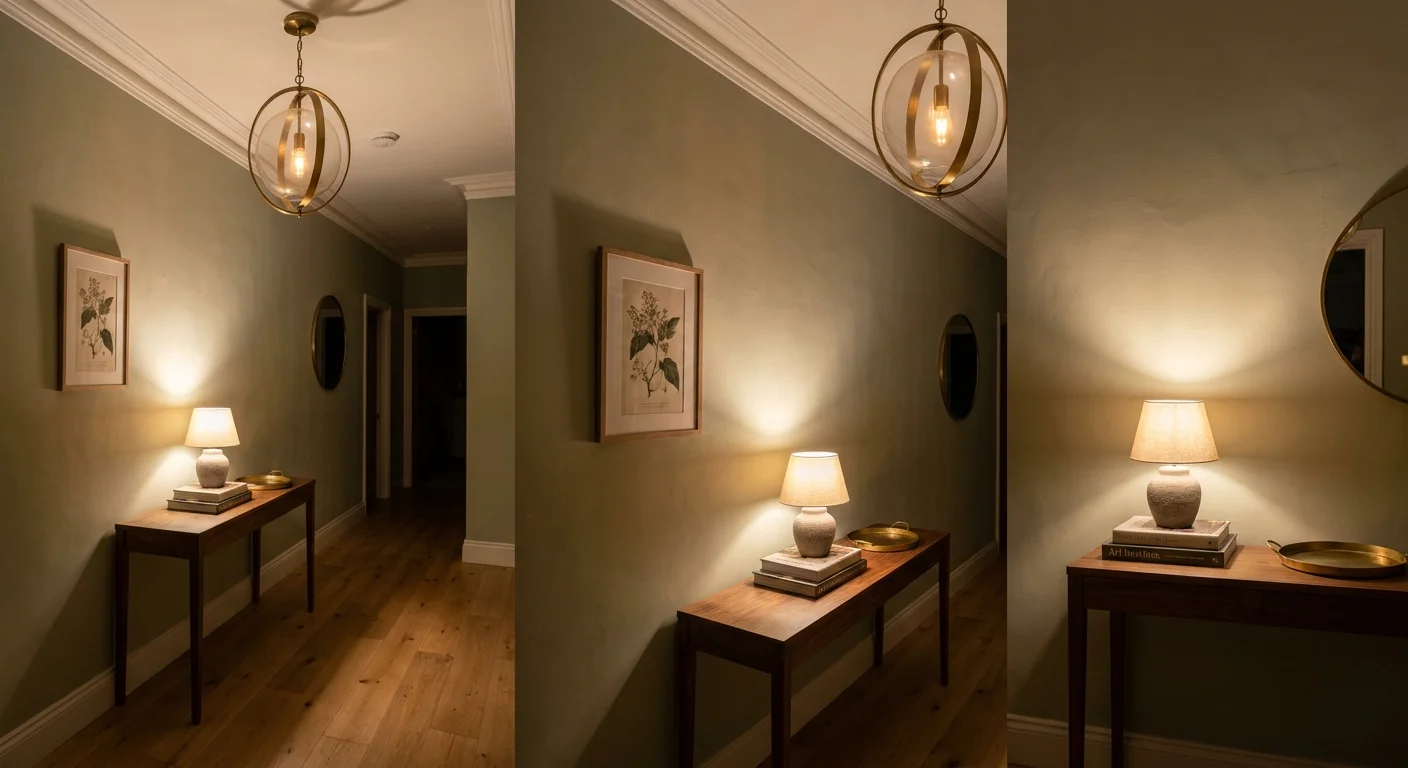 An entryway featuring a large overhead pendant light and a smaller table lamp on a console for layered illumination.