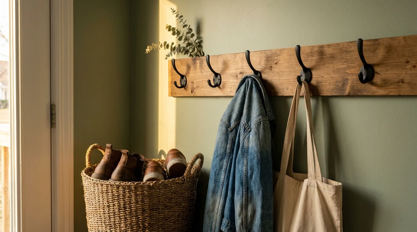 An entryway hook rack with a jacket and bag above a woven basket for shoes, set against a sage green wall.