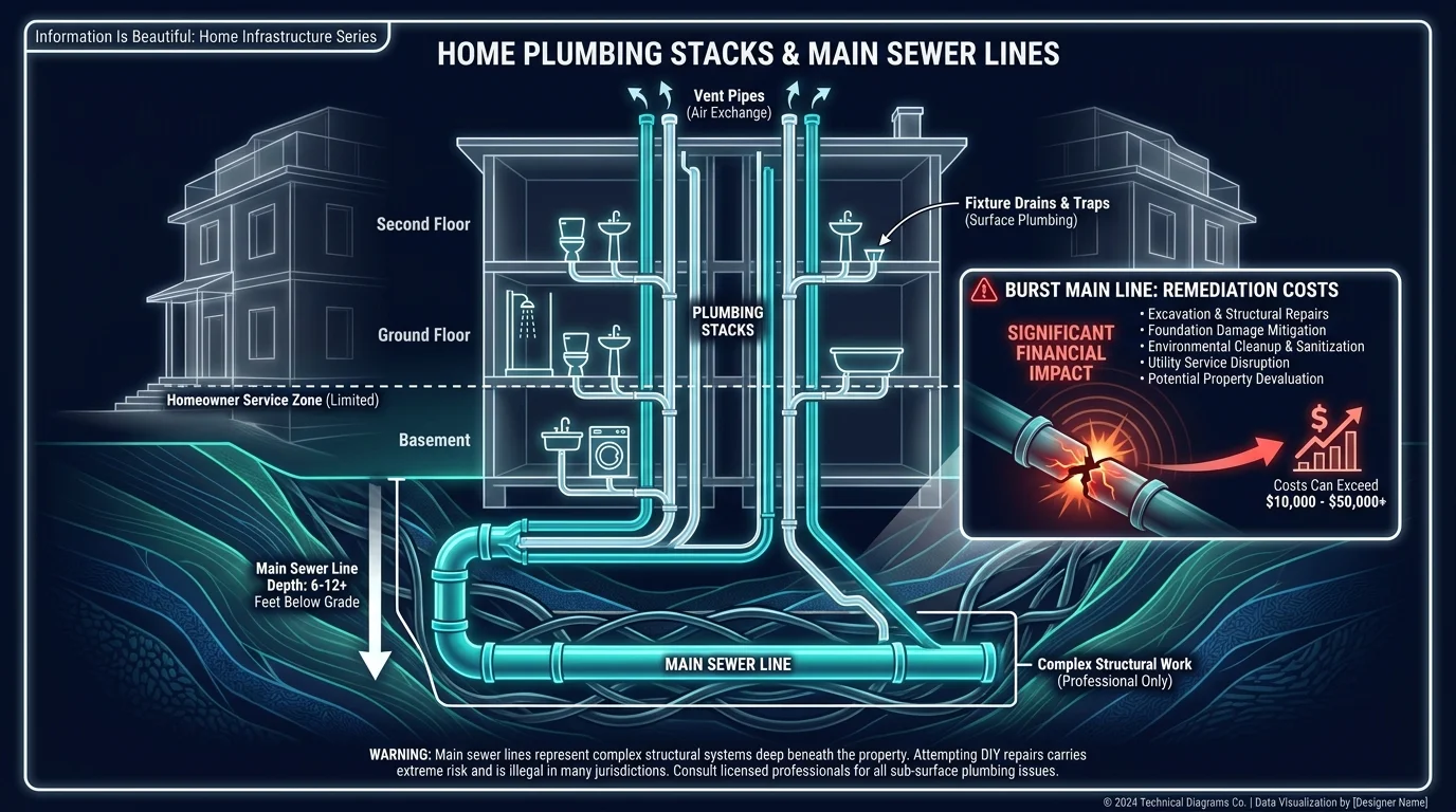 An exploded-view diagram of a home's plumbing stacks and deep sewer lines, showing the complexity of the main drainage system.