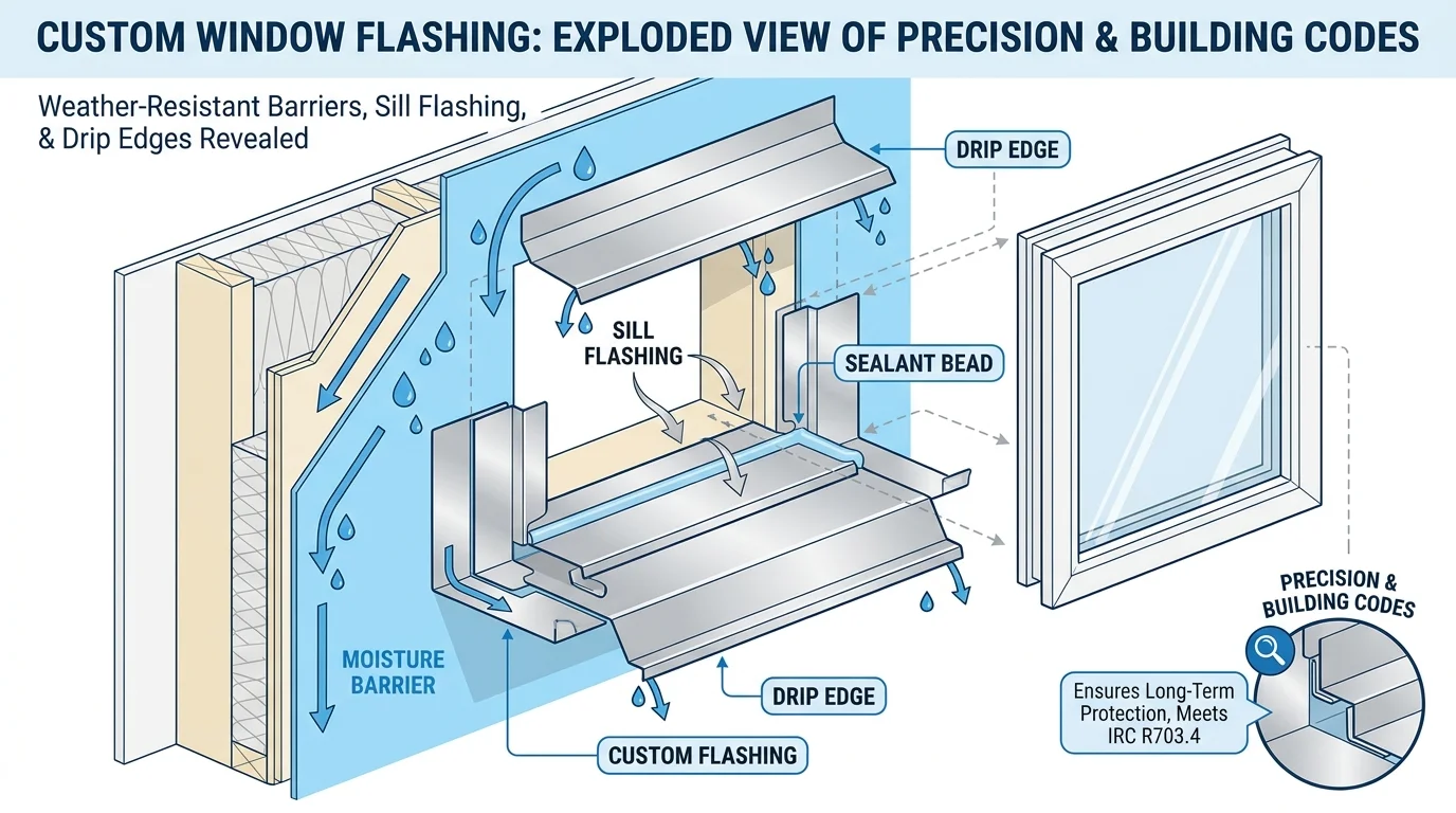 An exploded-view diagram of window flashing layers, showing how moisture barriers and drip edges protect the home.