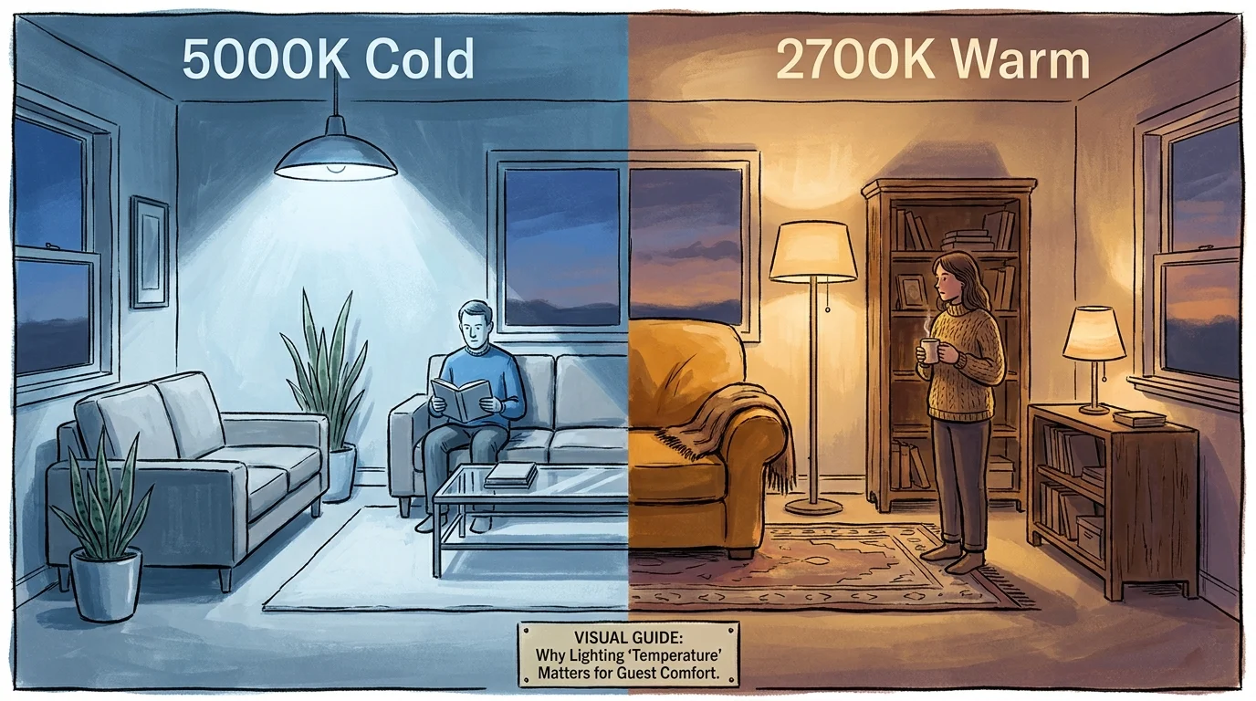 An illustration comparing '5000K Cold' blue lighting with '2700K Warm' amber lighting in a living room.