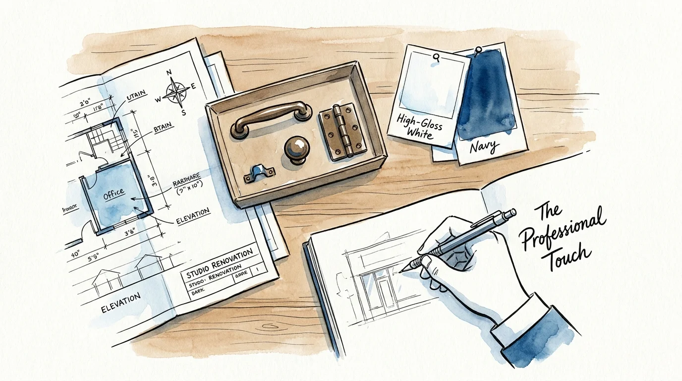 An illustration of a desk with blueprints, paint swatches, and hardware samples, representing professional design planning.