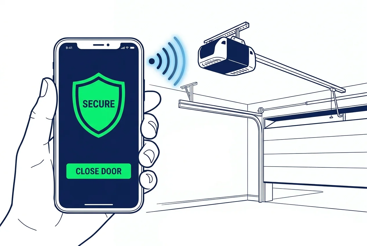 An illustration of a hand holding a smartphone with a garage security app, connected to a garage door opener.