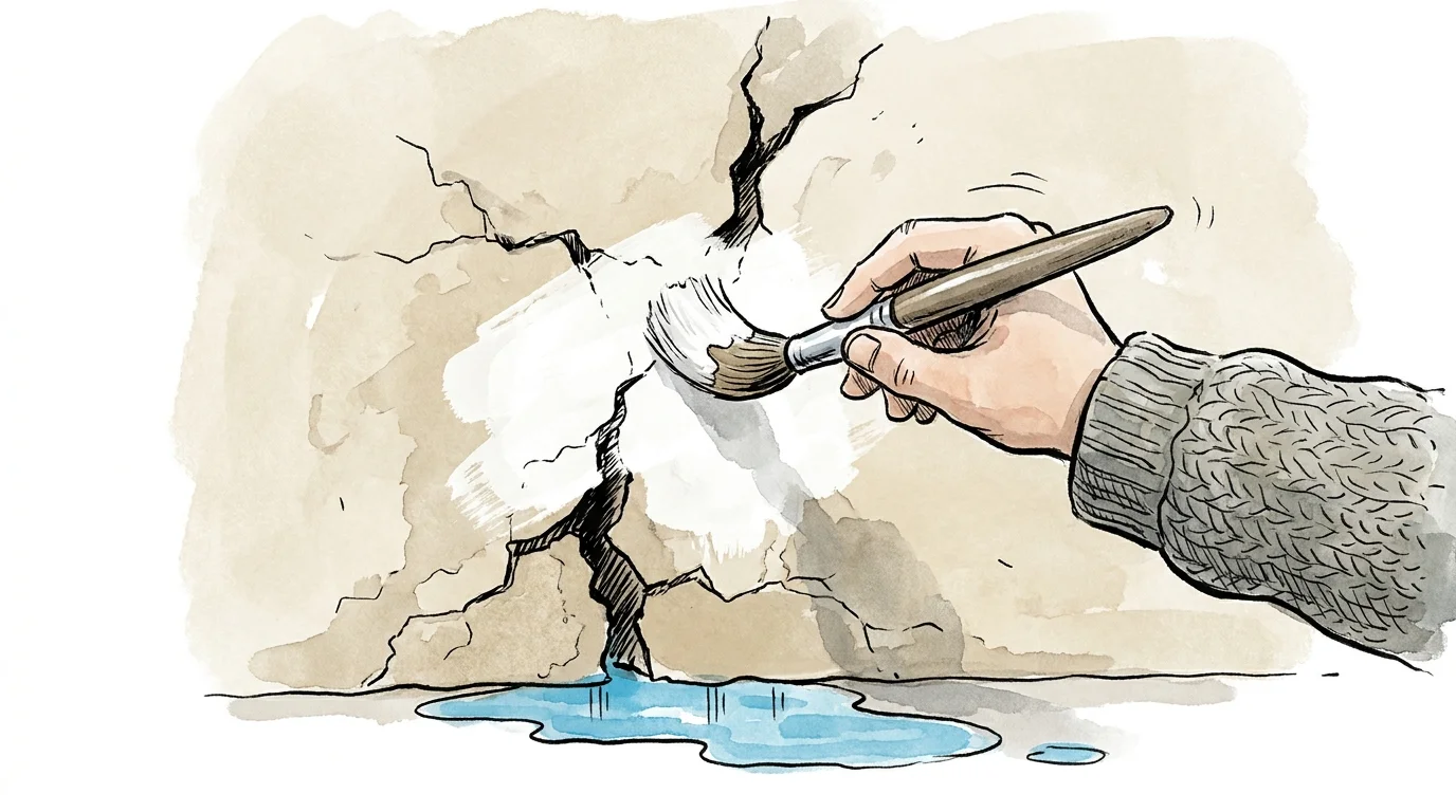 An illustration of a hand painting over a large wall crack, but the water is still leaking through the paint.