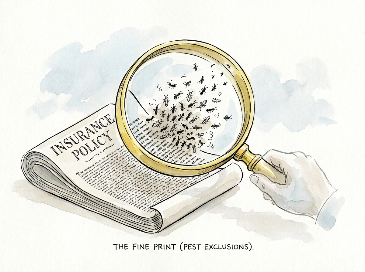 An illustration of a magnifying glass showing insurance policy text turning into a swarm of ants.