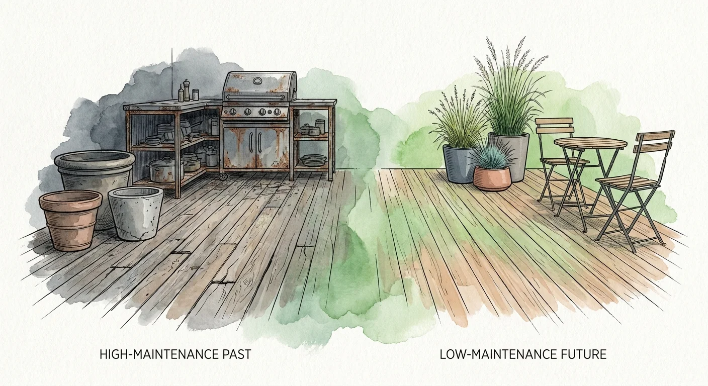 An illustration showing a transition from a cluttered, high-maintenance deck to a simplified, low-maintenance outdoor seating area.
