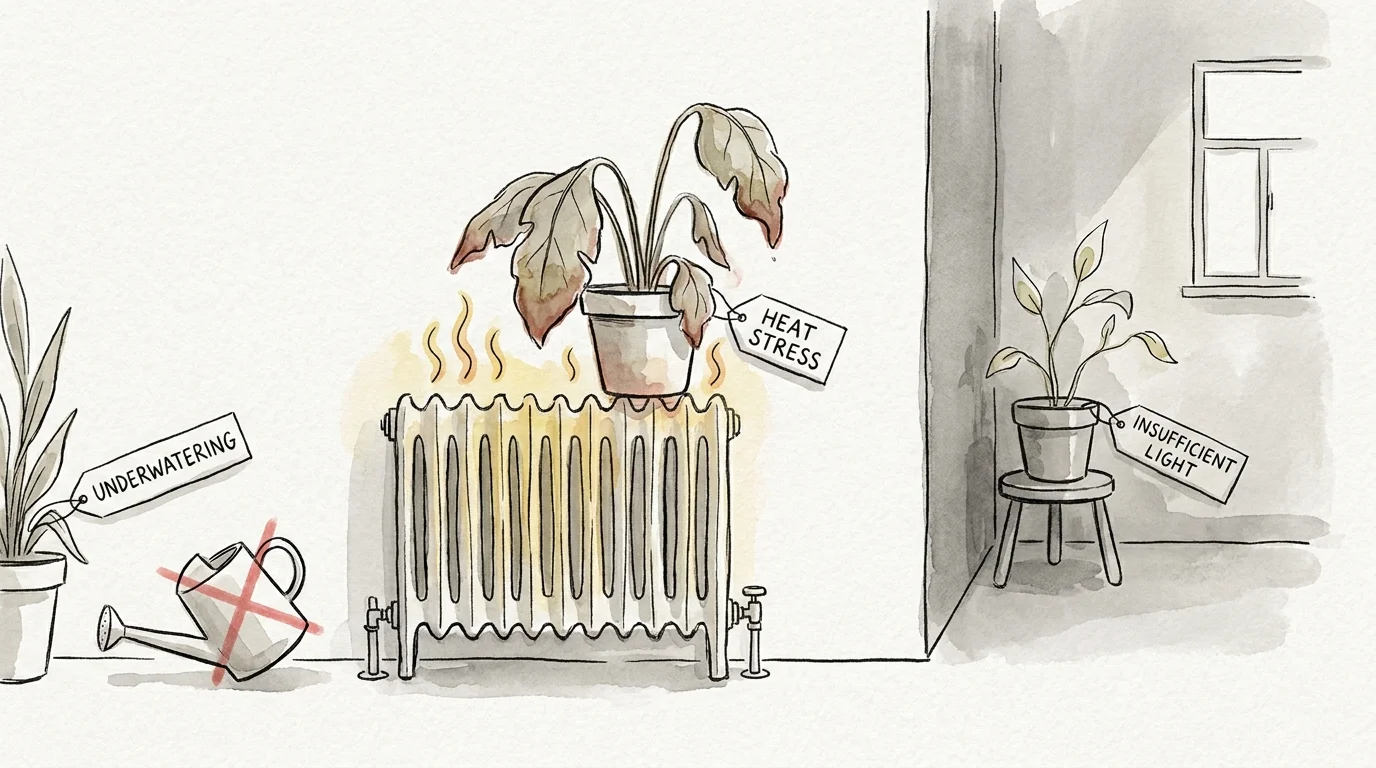 An illustration showing common plant care mistakes, such as placing a plant on a hot radiator or in a dark corner.
