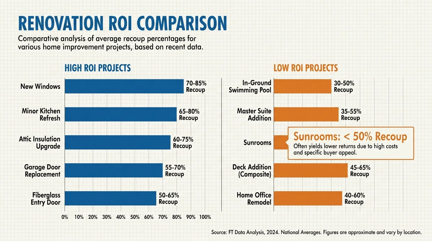 An infographic bar chart comparing high-return and low-return home renovations, highlighting sunrooms at less than 50% ROI.