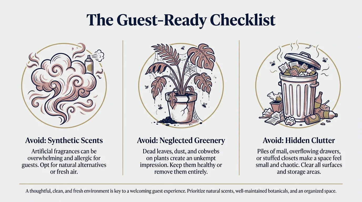 An infographic checklist showing 'Common Mistakes' like synthetic scents, neglected greenery, and clutter.