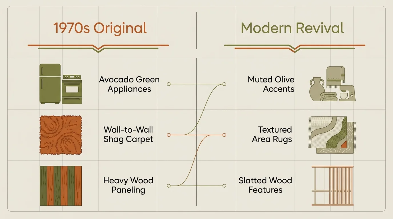 An infographic comparing 70s design features like shag carpet to modern revivals like textured rugs.
