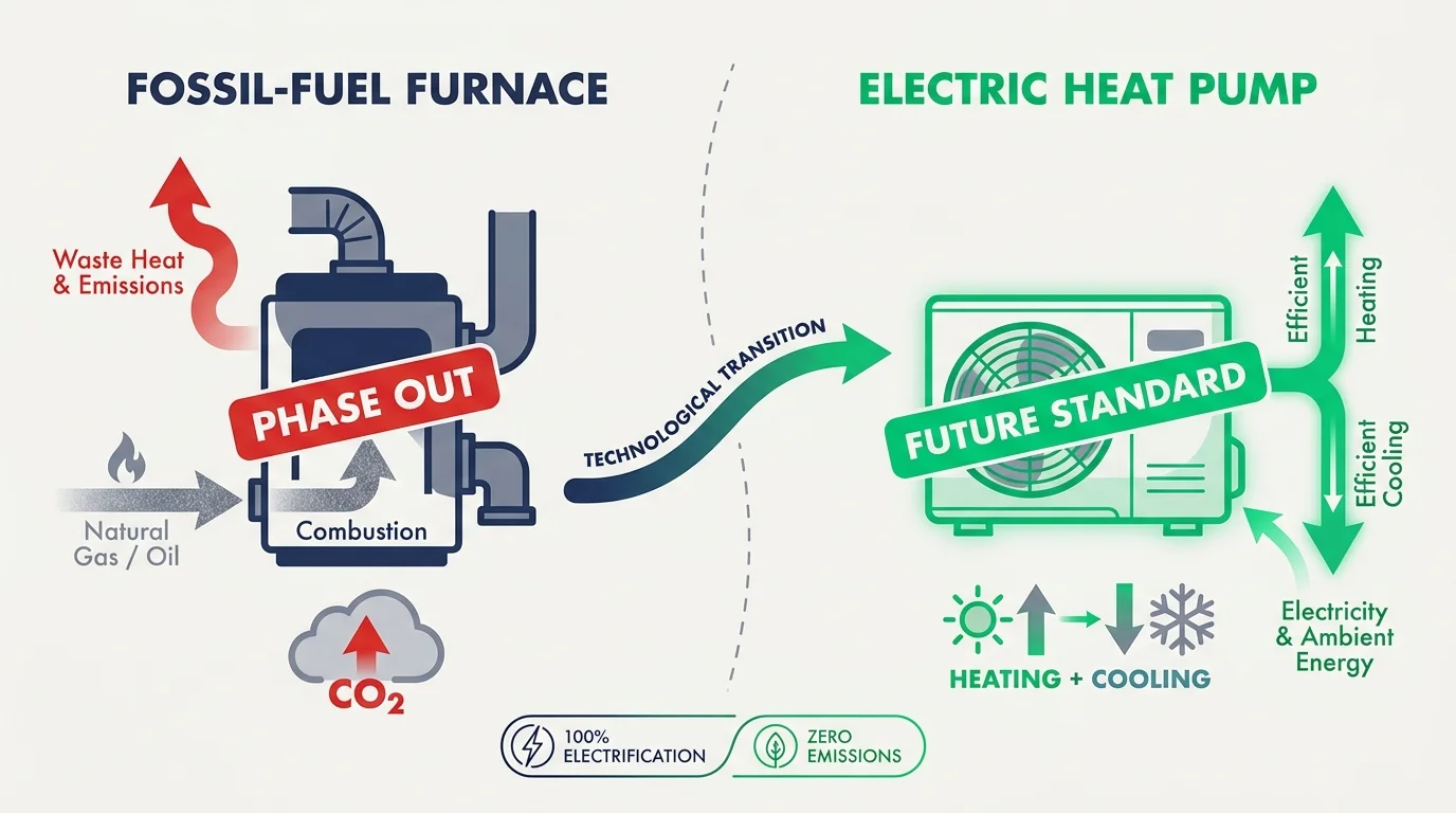 An infographic comparing a traditional fossil-fuel furnace to an eco-friendly electric heat pump.
