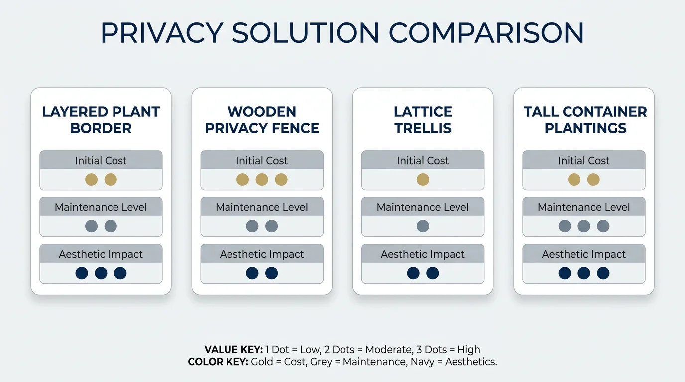 An infographic comparing backyard privacy solutions based on cost, maintenance, and aesthetic impact using a dot-rating system.