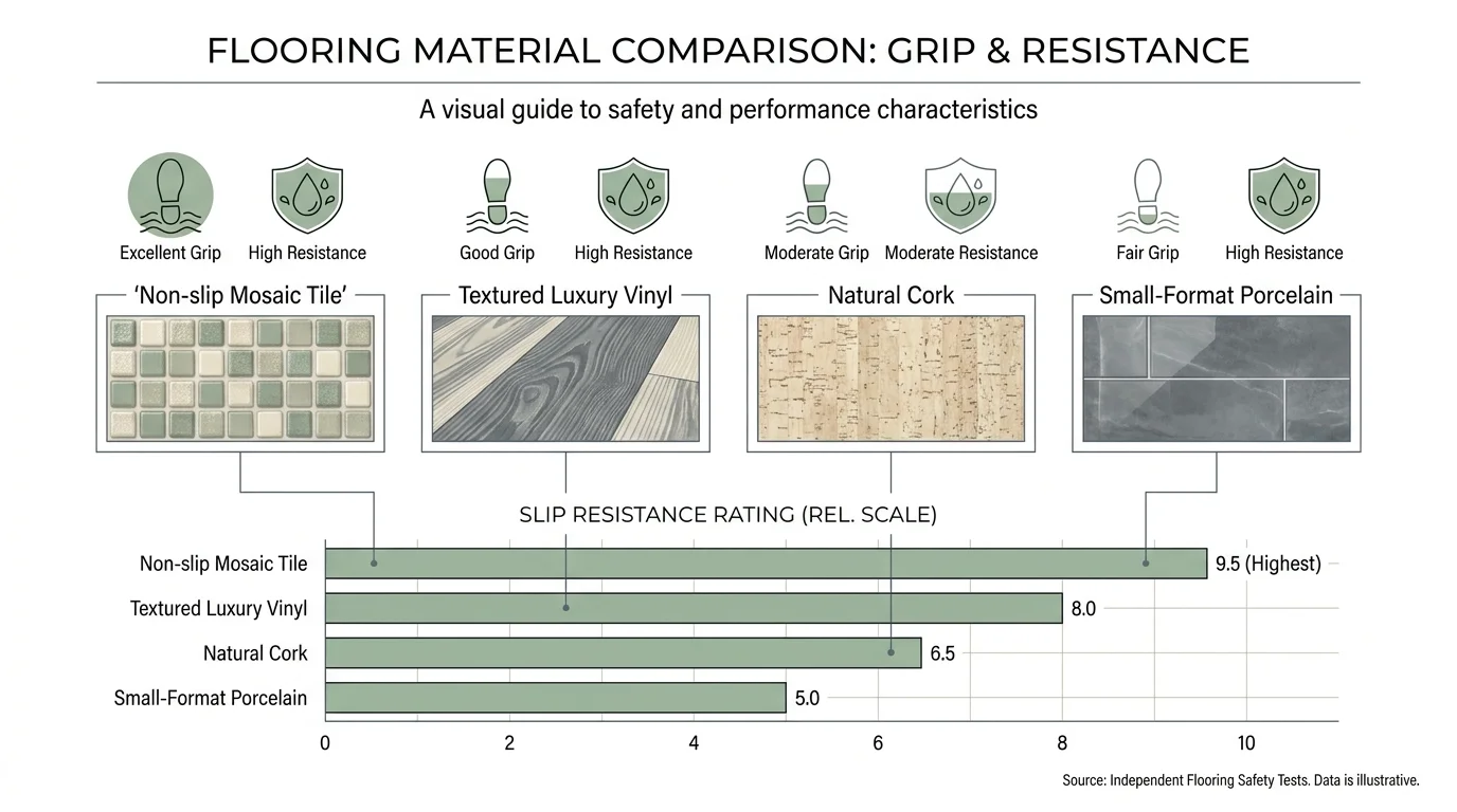 An infographic comparing different non-slip bathroom flooring materials like cork, vinyl, and mosaic tile.