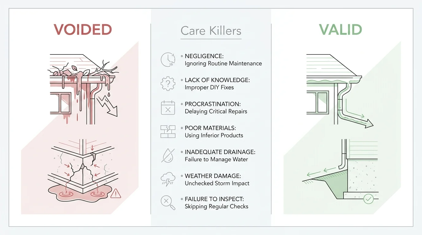 An infographic comparing neglected home maintenance vs. proper care to show what keeps insurance valid.