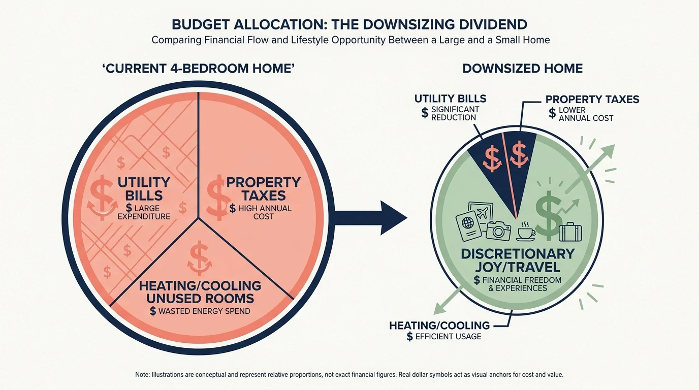 An infographic comparing the large budget slices of a big home to the smaller, more efficient costs of a downsized property.