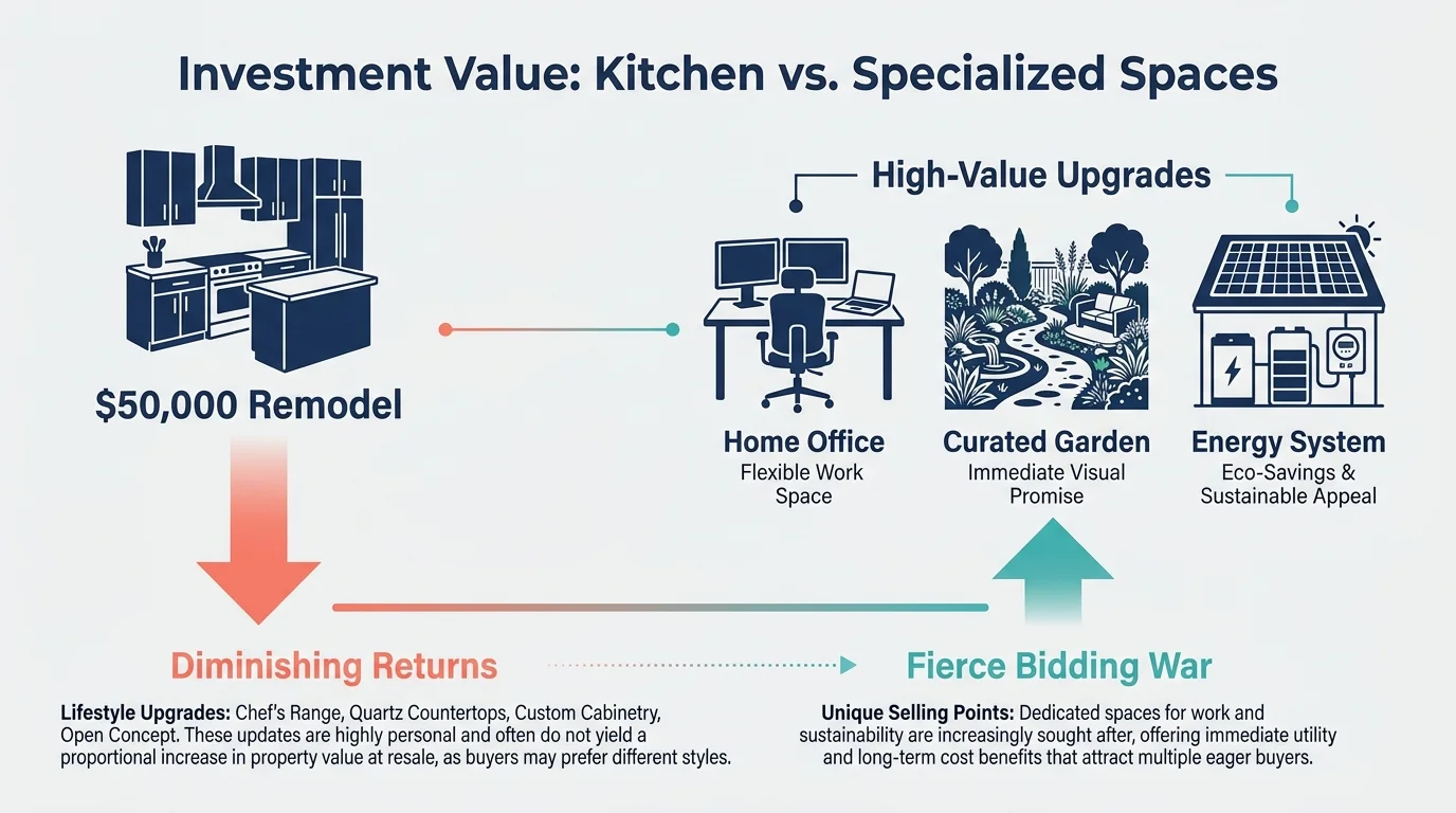 An infographic comparing the ROI of a kitchen remodel against more desirable features like home offices and gardens.