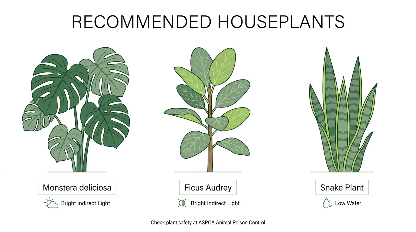 An infographic featuring low-maintenance plants like Monstera deliciosa and Ficus Audrey with care icons.