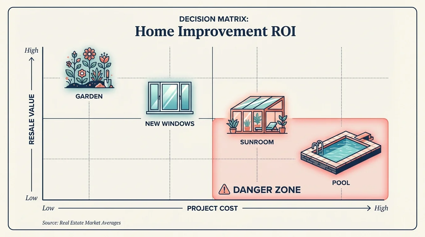 An infographic matrix plotting home projects by cost versus resale value, highlighting the low-value 'danger zone'.