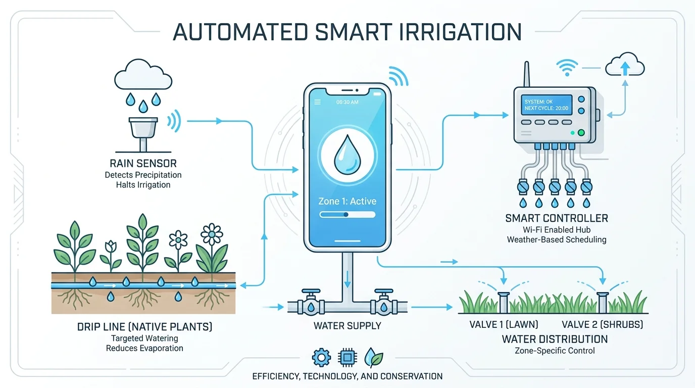An infographic showing a smartphone controlling a backyard irrigation system with icons for sensors and drip lines.