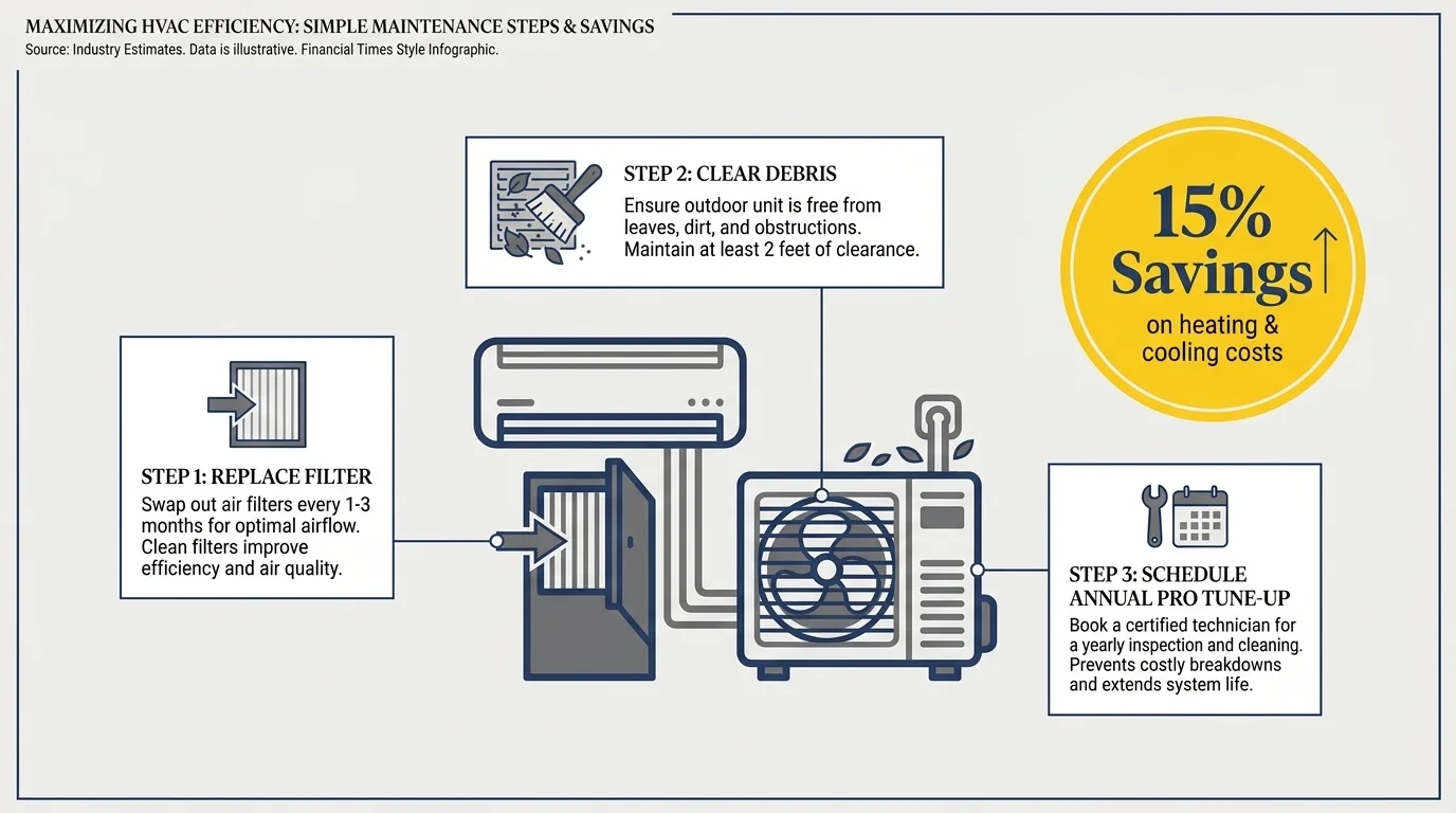 An infographic showing HVAC maintenance steps and the potential 15 percent savings on energy costs.