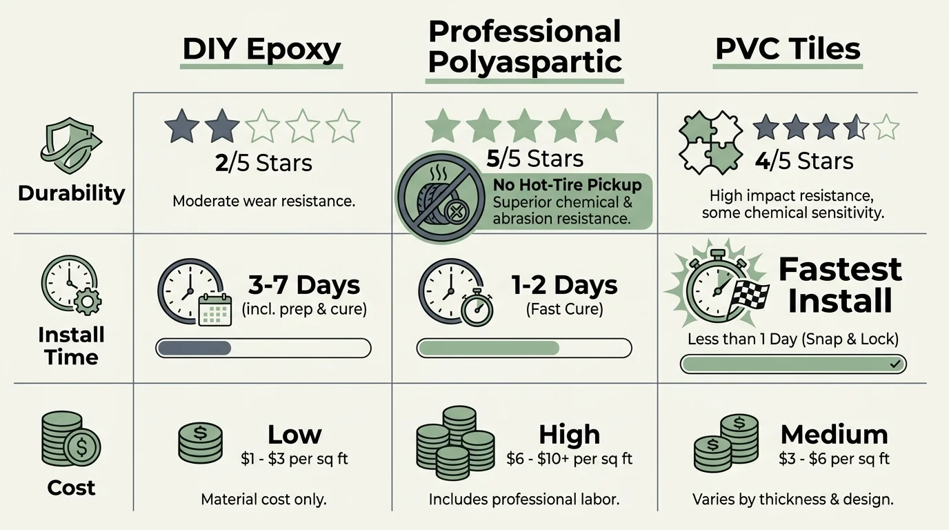 An infographic table comparing DIY epoxy, professional polyaspartic, and PVC tiles based on durability, cost, and installation.