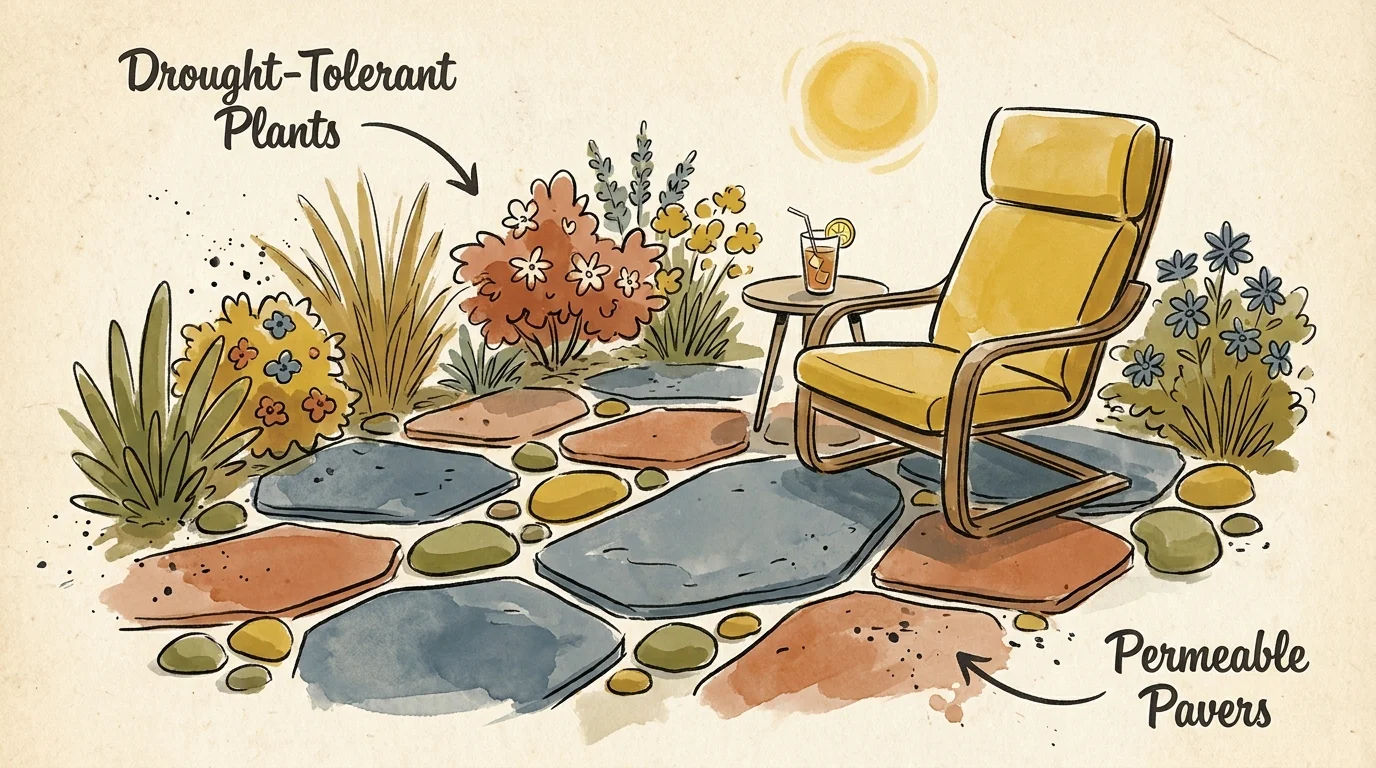 An ink and wash illustration of a stylish, low-maintenance stone patio with native grasses and a lounge chair.
