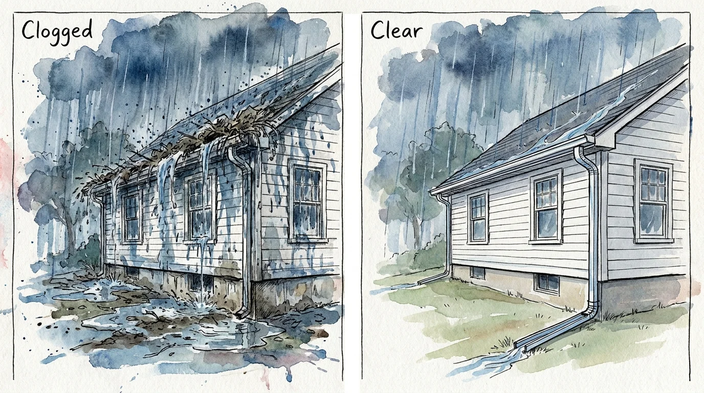 An ink and watercolor illustration comparing a clogged gutter overflowing with water to a clear gutter functioning properly.