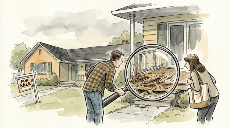 An ink and watercolor illustration of a couple examining a house through a giant magnifying glass, revealing hidden structural issues.