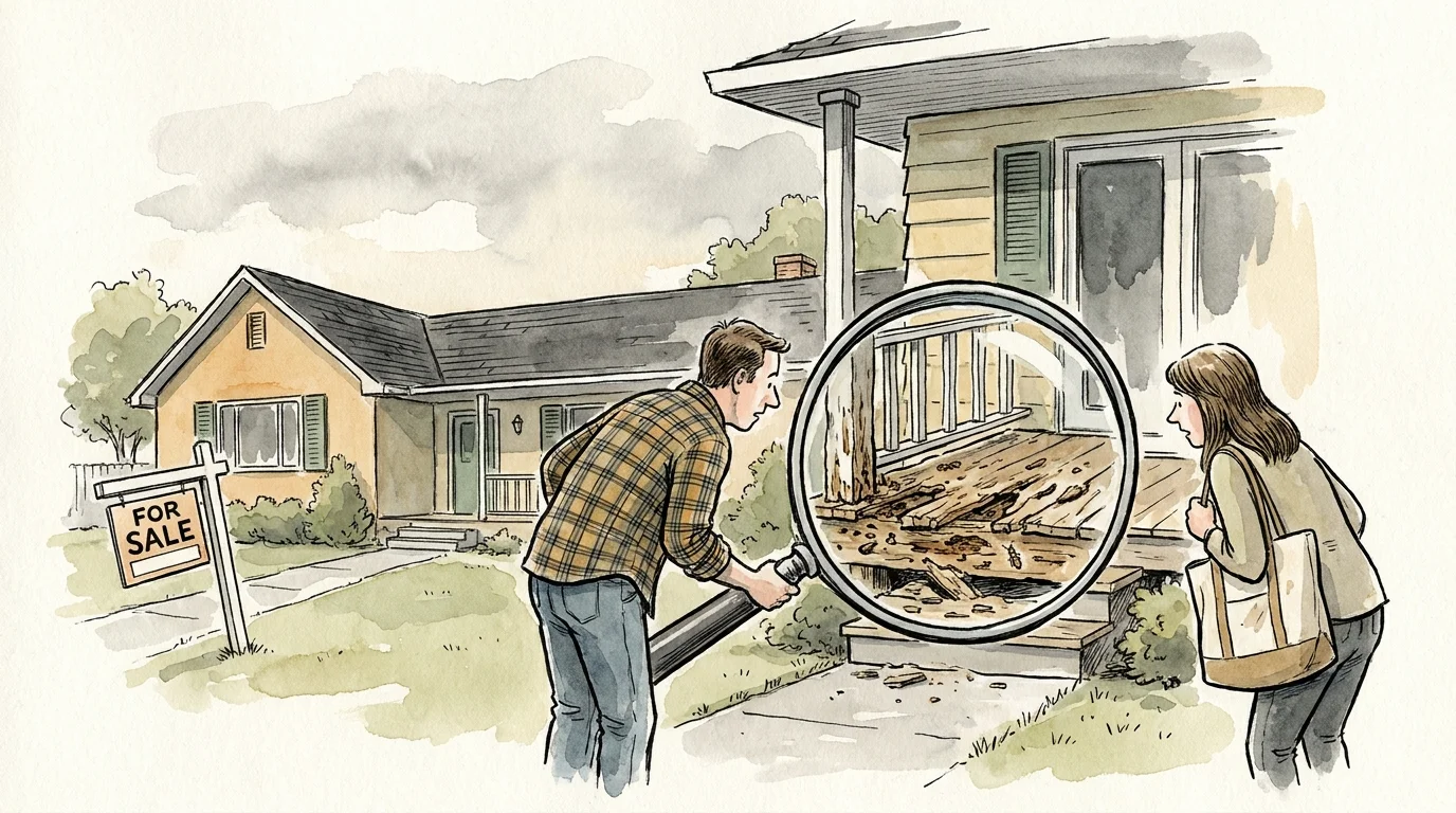 An ink and watercolor illustration of a couple examining a house through a giant magnifying glass, revealing hidden structural issues.