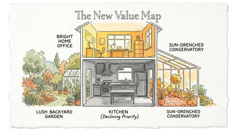 An ink and watercolor illustration of a house cross-section where the kitchen is gray and other rooms are brightly colored.