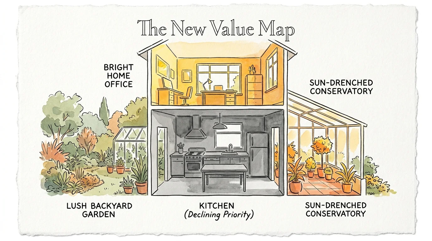 An ink and watercolor illustration of a house cross-section where the kitchen is gray and other rooms are brightly colored.