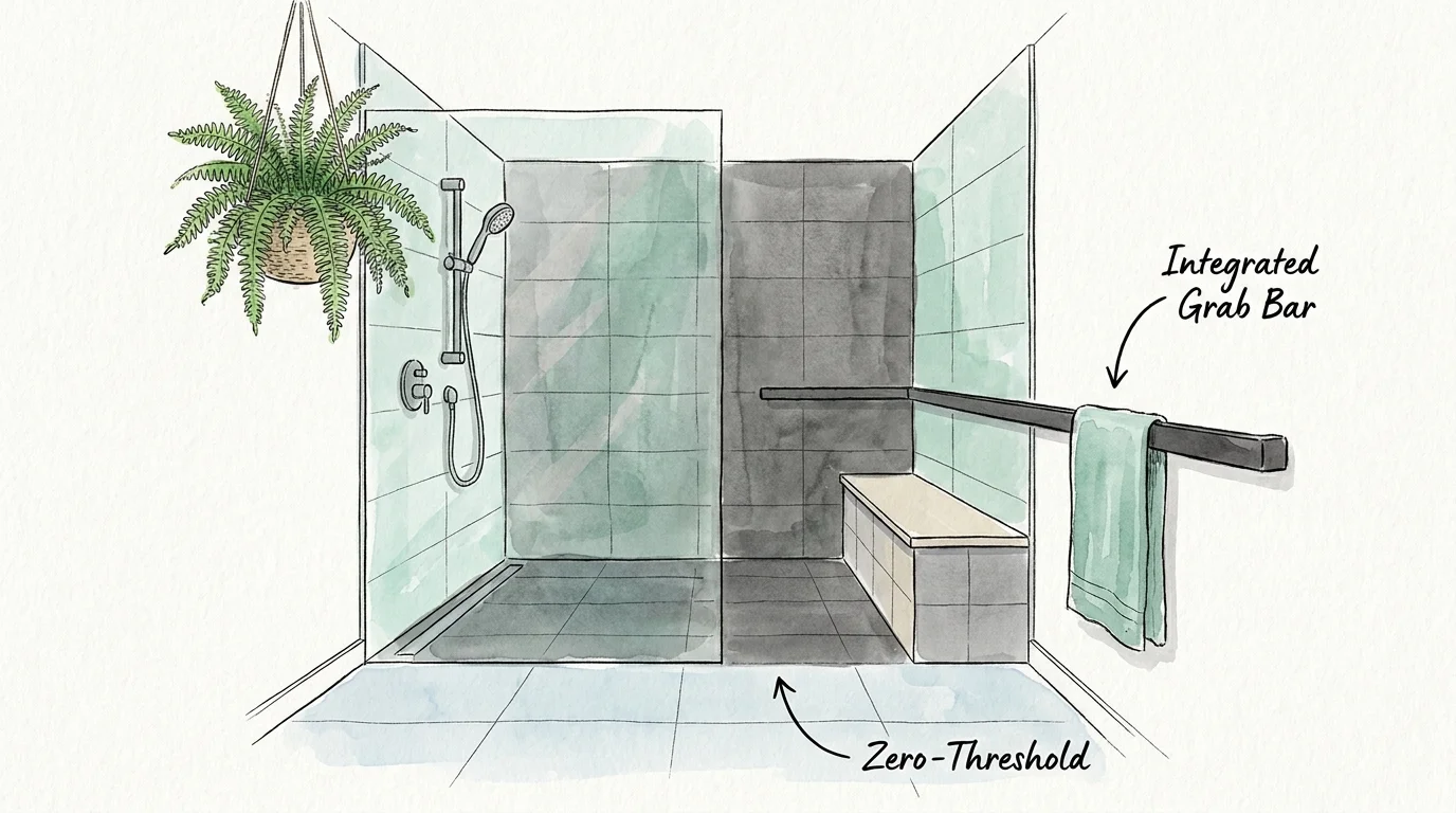 An ink and watercolor illustration of a modern curbless walk-in shower with a built-in bench and a hanging fern.