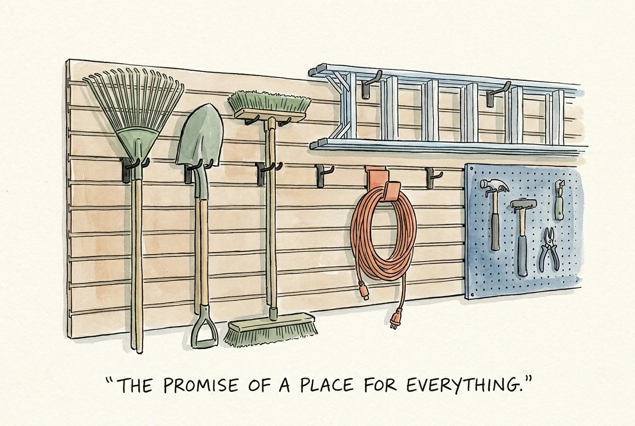 An ink and watercolor illustration of a slatwall storage system holding rakes, a ladder, and extension cords neatly.