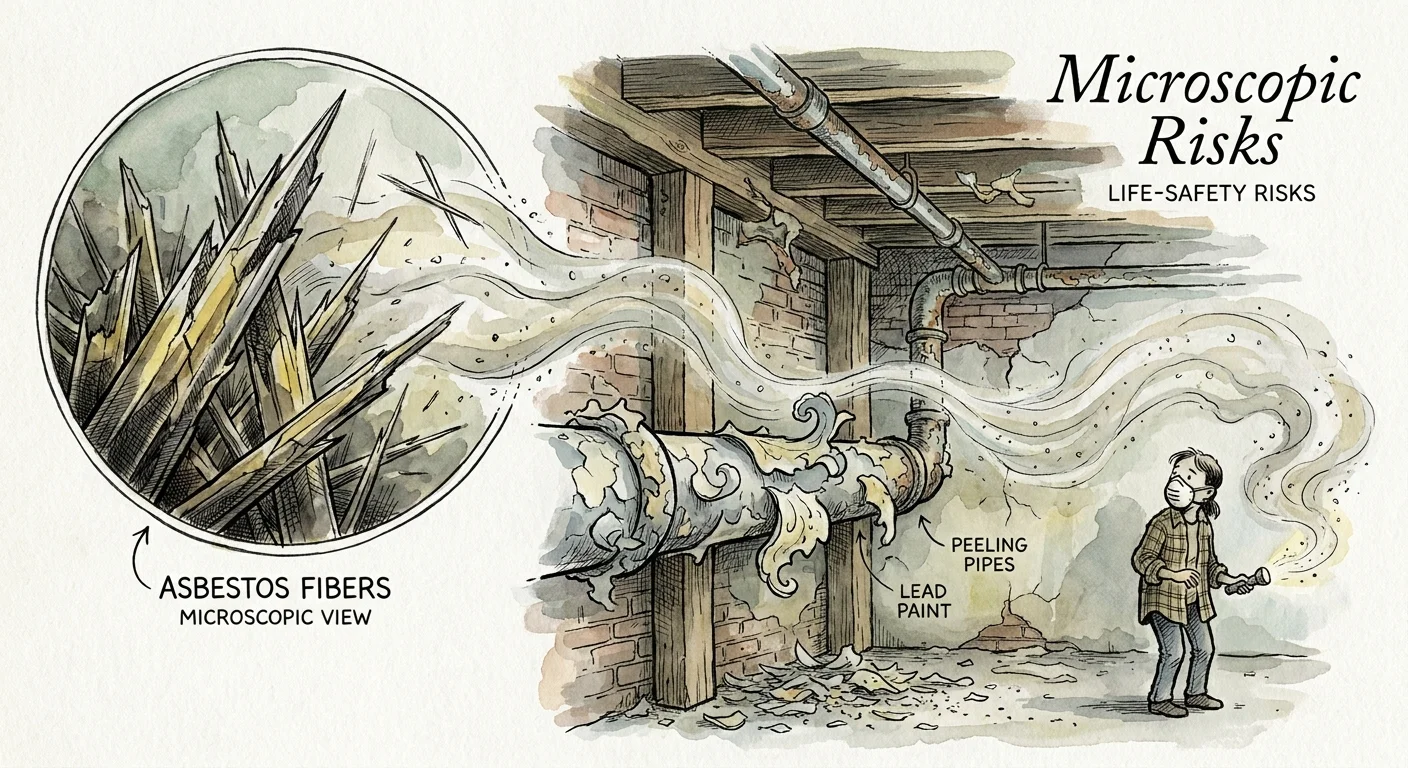 An ink and watercolor illustration showing microscopic asbestos fibers and peeling lead paint, symbolizing invisible health risks.