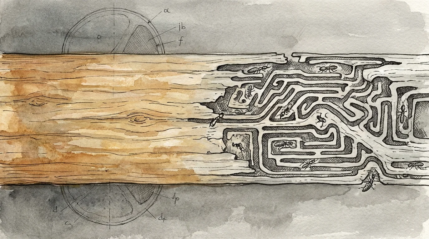An ink and watercolor illustration showing the internal tunnels of termites inside a wooden house beam.