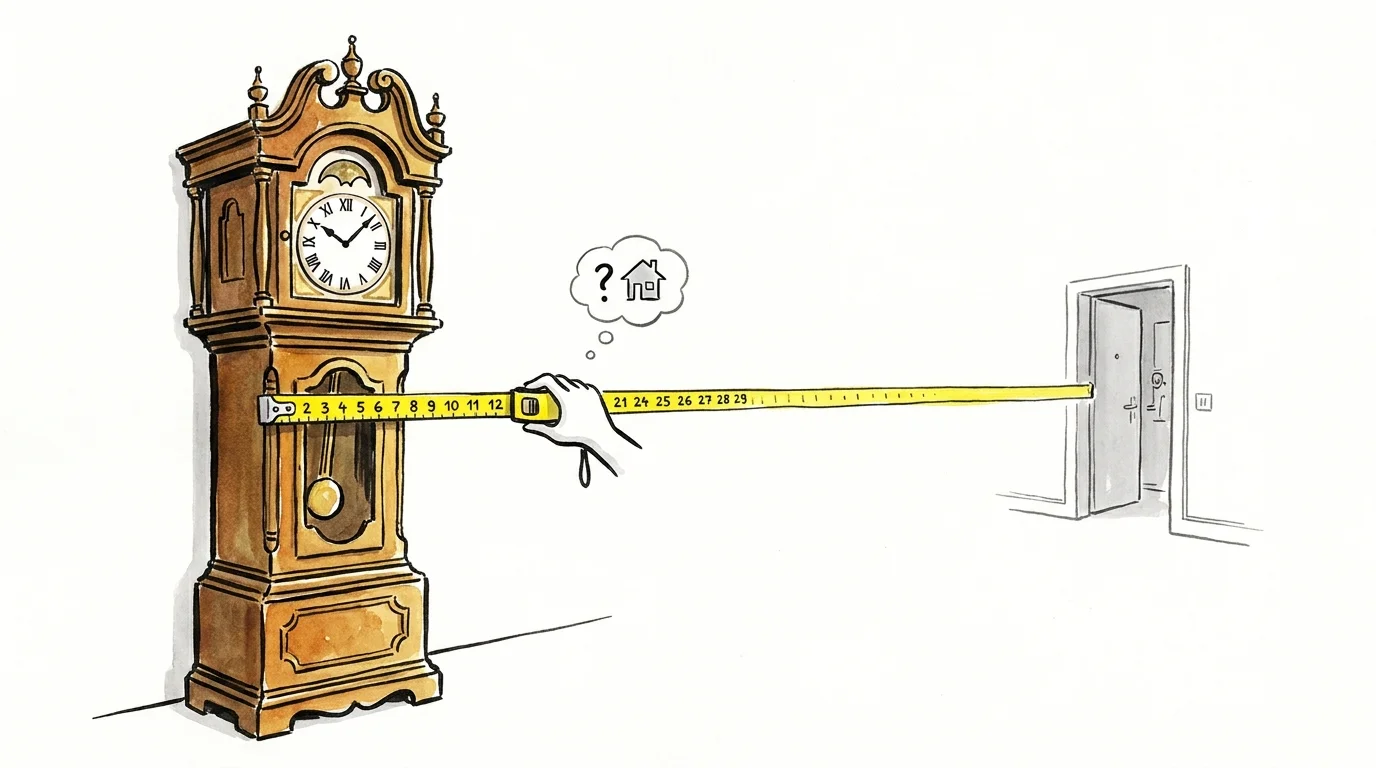 An ink drawing of a large grandfather clock being measured against a small, modern doorway.