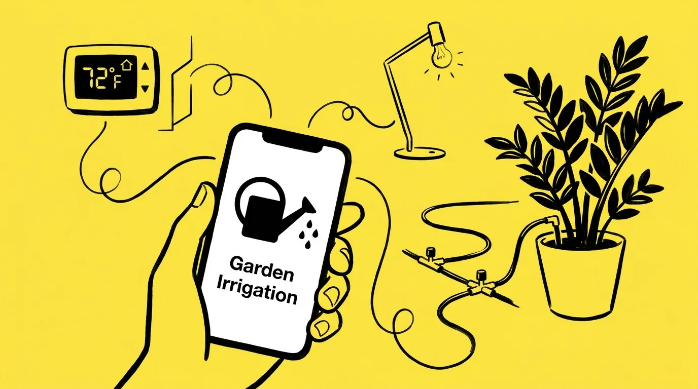 An ink illustration of a smartphone app controlling home systems like heat and garden irrigation.