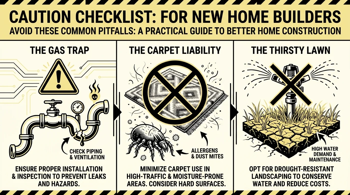 An instructional infographic highlighting common errors to avoid, like installing gas lines or turf grass.