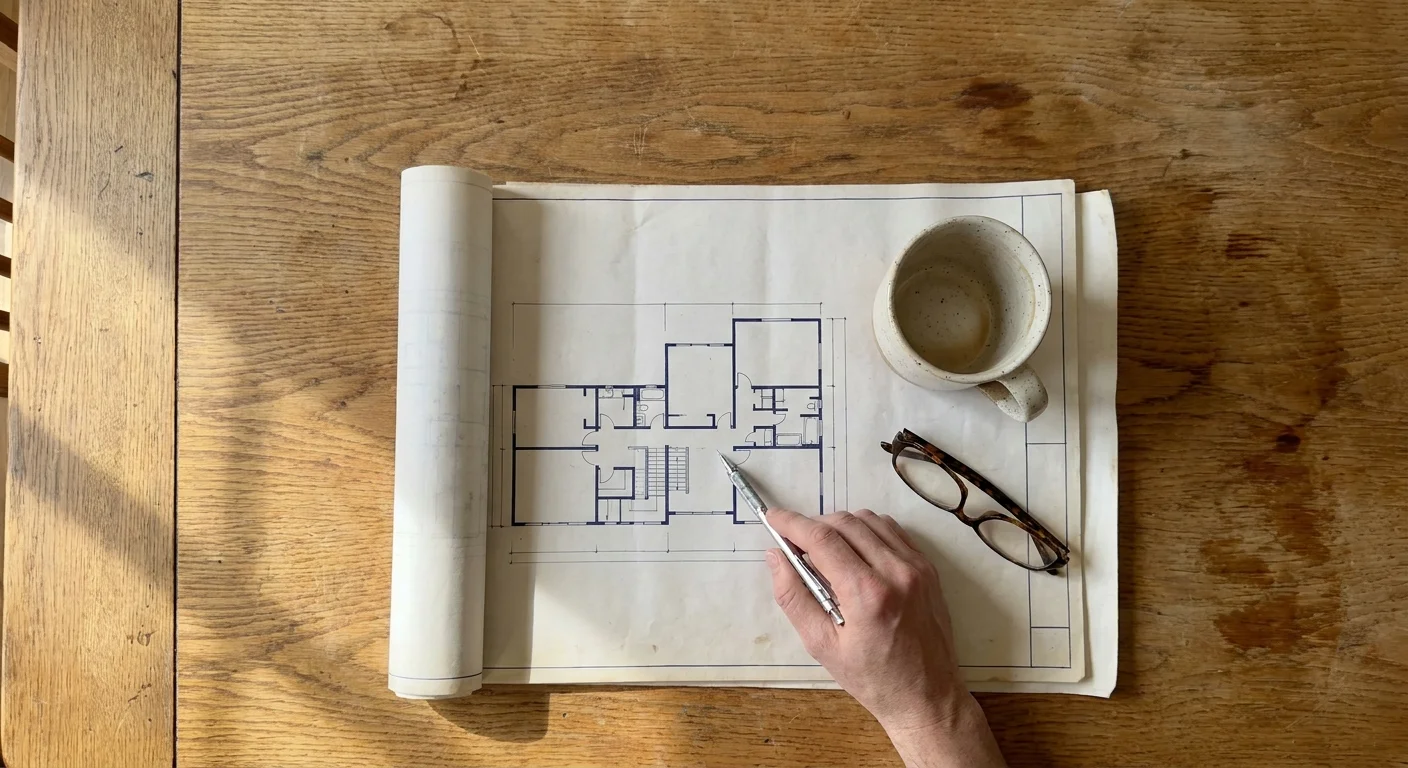 An overhead shot of architectural blueprints on a wooden table with a hand pointing to a design detail.