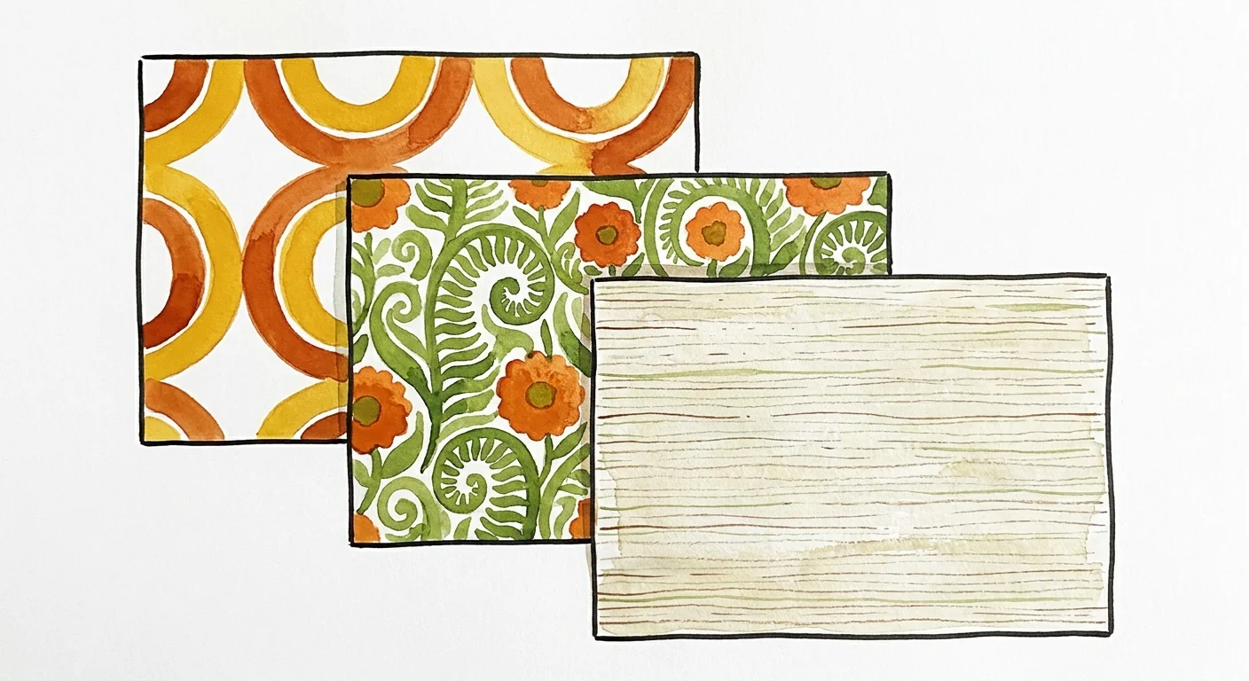 Artistic watercolor illustration of geometric and botanical wallpaper patterns in retro colors.