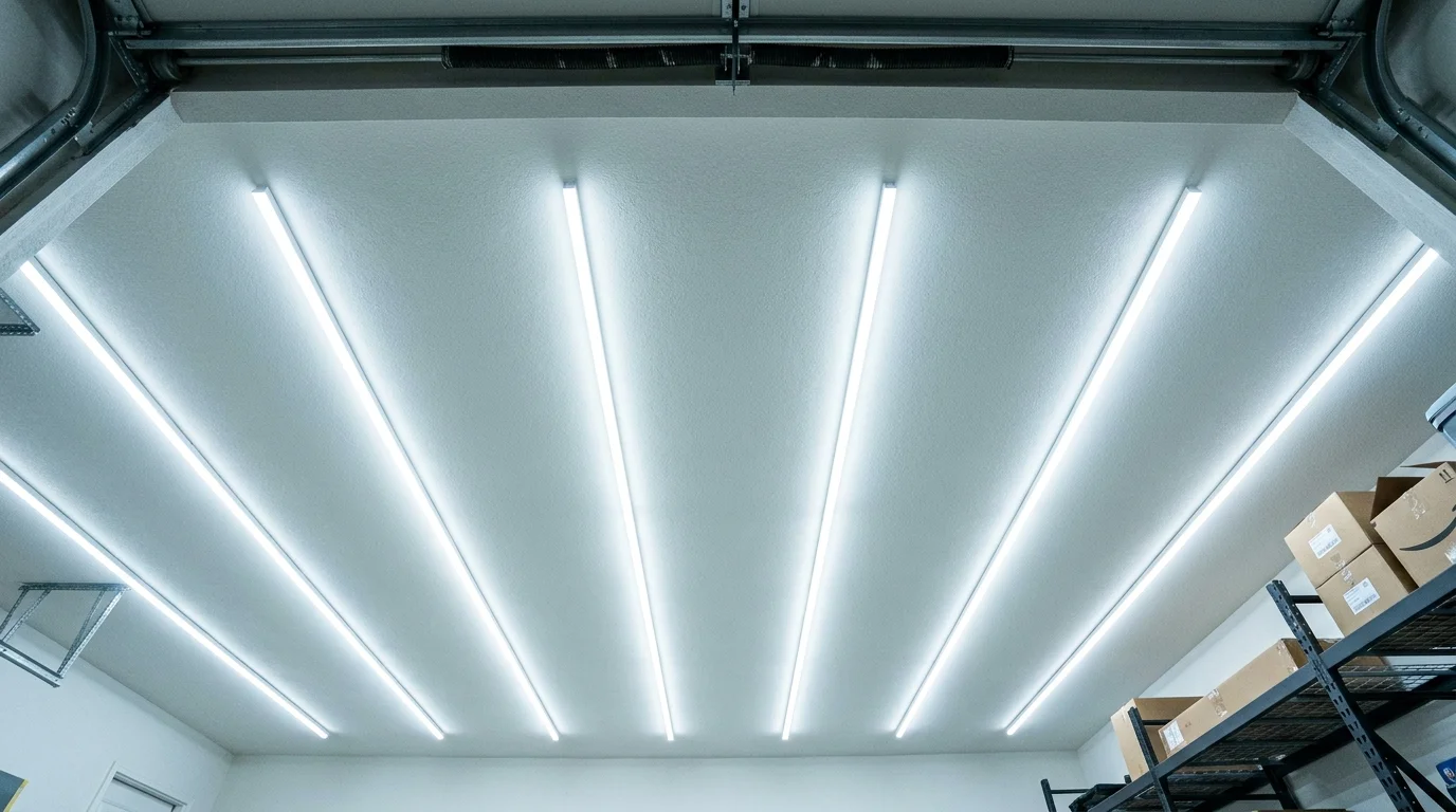 Bright, cool-toned LED strip lights installed on a garage ceiling to improve visibility.